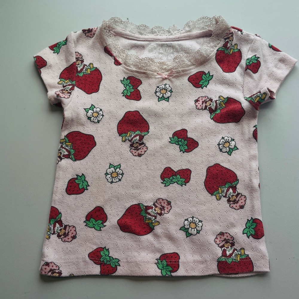 Strawberry Shortcake Toddler Pointelle Lace Trim Character Print Top XS Pink Tee